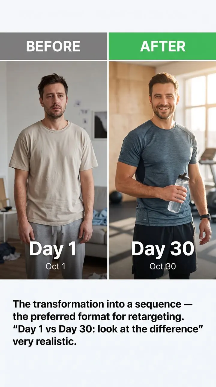 Vidéo UGC avant / après : transformation fitness entre le jour 1 et le jour 30